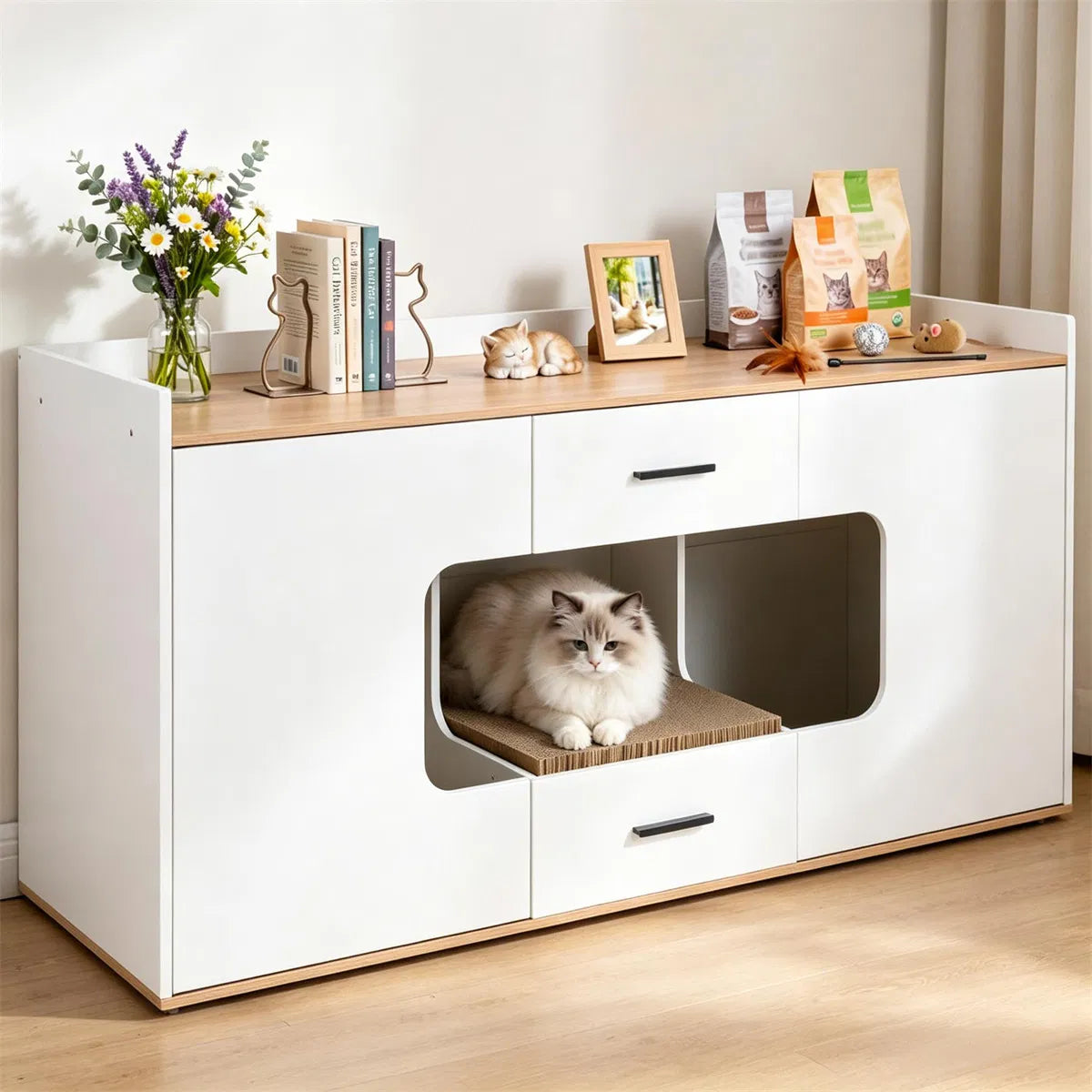 Large Cat Litter Box Enclosure Furniture with Storage Drawers & Built-In Scratching Board - view 6