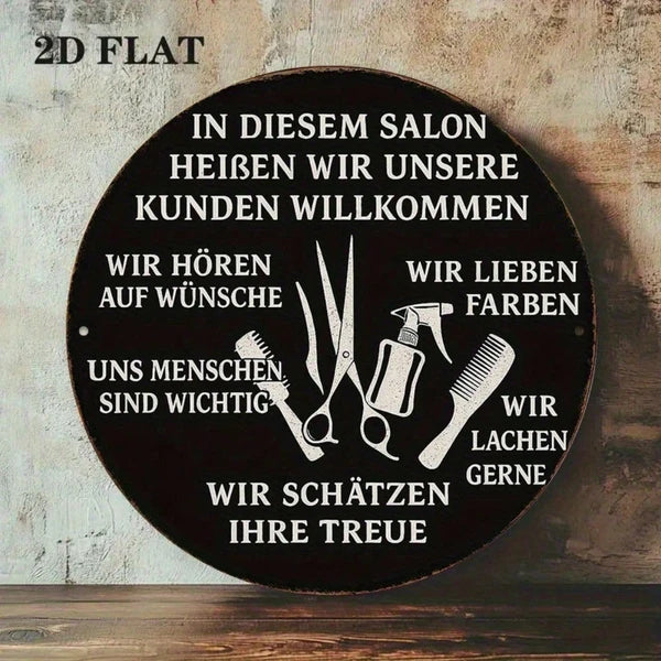 1pc Vintage German & French Welcome Sign, 8-Inch Round Hair Salon Wall Decor With Barber Pole Scissors & Comb Design - view 5