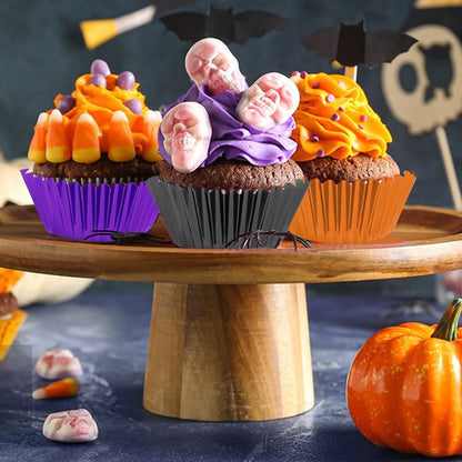 300 Pcs Halloween Foil Cupcake Liners Black Purple Orange Foil Metallic Cupcake Wrappers Halloween Party Standard - view 6