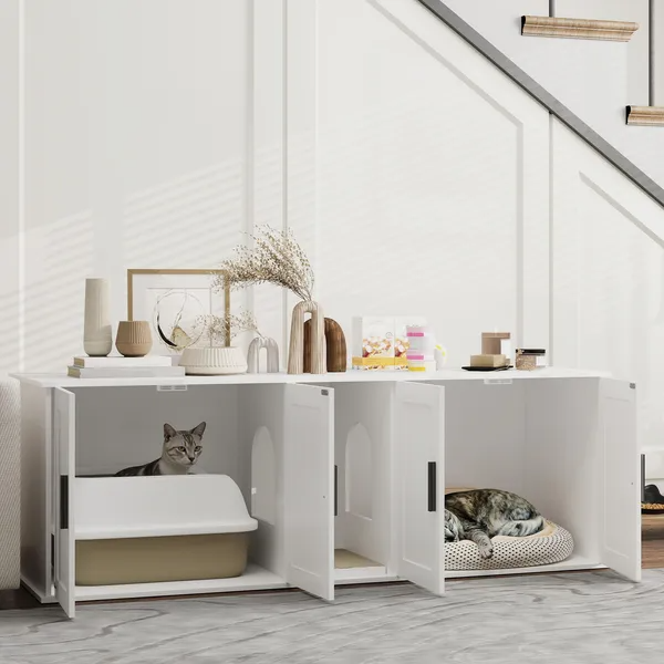 Cat Litter Box Enclosure With Double Room, Scratching Mat For 2 Cats