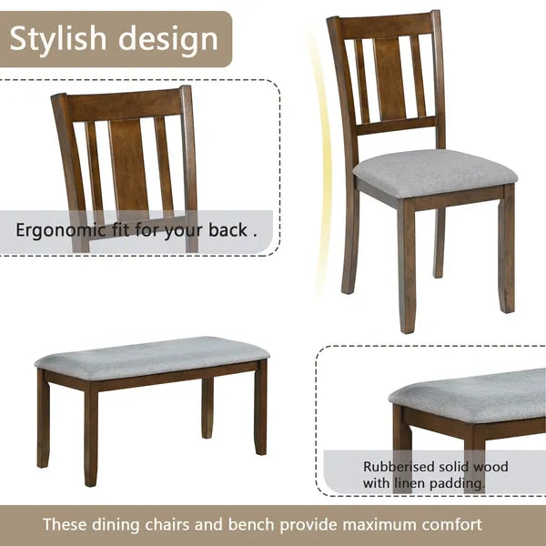 6 Piece Kitchen Dining Set, Rectangular Wooden Dining Table With 4 Upholstered Chairs And A Bench - view 6