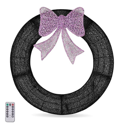 36in Pre-lit Outdoor Christmas Wreath Decoration, Lighted Metal Wreath With Purple Bow
