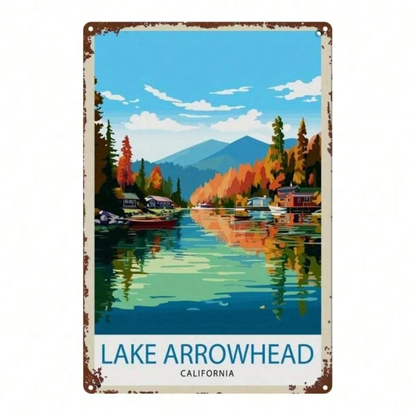 1pc Arrowhead Lake California Autumn Scenery Metal Sign, Retro Distressed Vintage Wall Art For Home Bar Garage Cafe