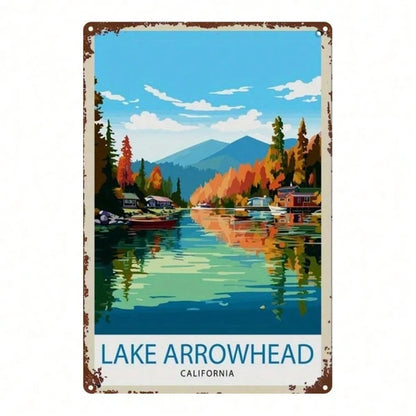 1pc Arrowhead Lake California Autumn Scenery Metal Sign, Retro Distressed Vintage Wall Art For Home Bar Garage Cafe
