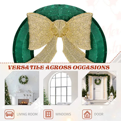 24in Pre-lit Outdoor Christmas Wreath Decoration, Lighted Metal Wreath With Golden Bow, Green And Warm White LED Lights - view 10