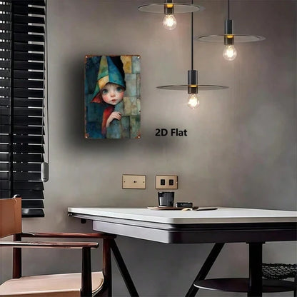 1pc Vintage Fairy-Tale Elf Metal Wall Art, Blue Pink Hair Green Hat Iron Sign - view 4