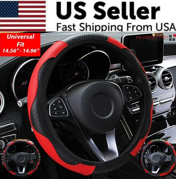 Car Steering Wheel Cover Red Black Leather Anti-slip For Carbon Fiber - view 2