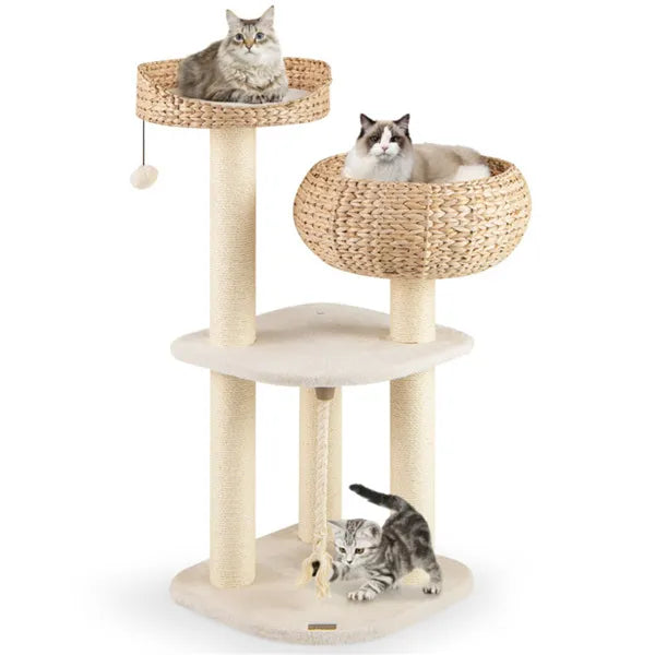 41 Inch Hand-Woven Water Hyacinth Cat Tree, 3 Sisal Scratching Posts Multi-Level Activity Center For Cats-White - view 5