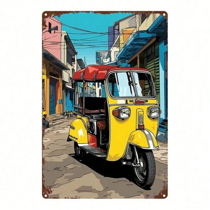 Vintage Auto Rickshaw Metal Sign 8x12 Inch, Retro Tuk Tuk Tin Plaque Wall Decor