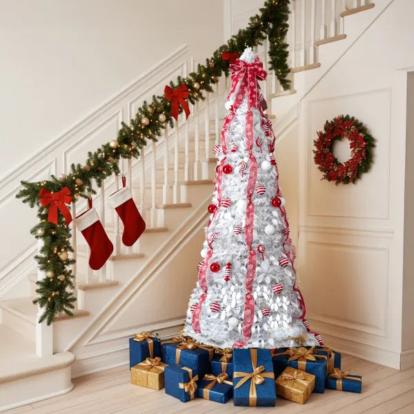 6 FT Fully Decorated Pre-lit Christmas Tree, Pop Up Artificial Xmas Tree With 100 Warm Lights And Red Ornaments - view 9