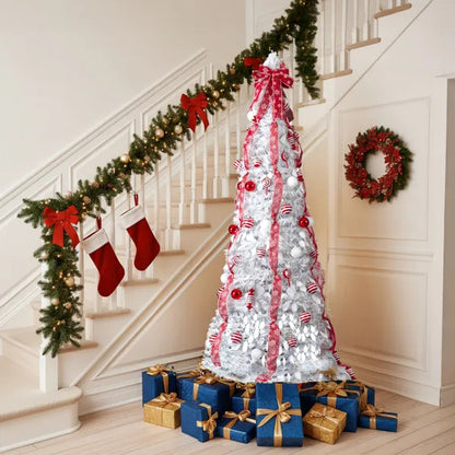 6 FT Fully Decorated Pre-lit Christmas Tree, Pop Up Artificial Xmas Tree With 100 Warm Lights And Red Ornaments - view 9