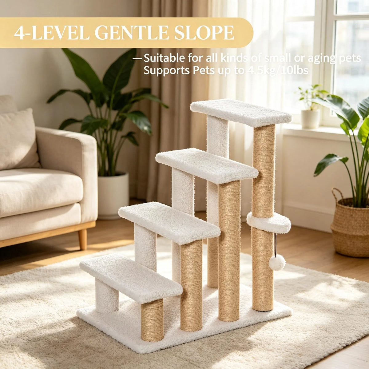 4 Levels Cat Steps with Scratching Posts for High Bed, Sofa, Non-slip Sturdy Pet Climbing Ladder for Indoor Cats, White - view 2