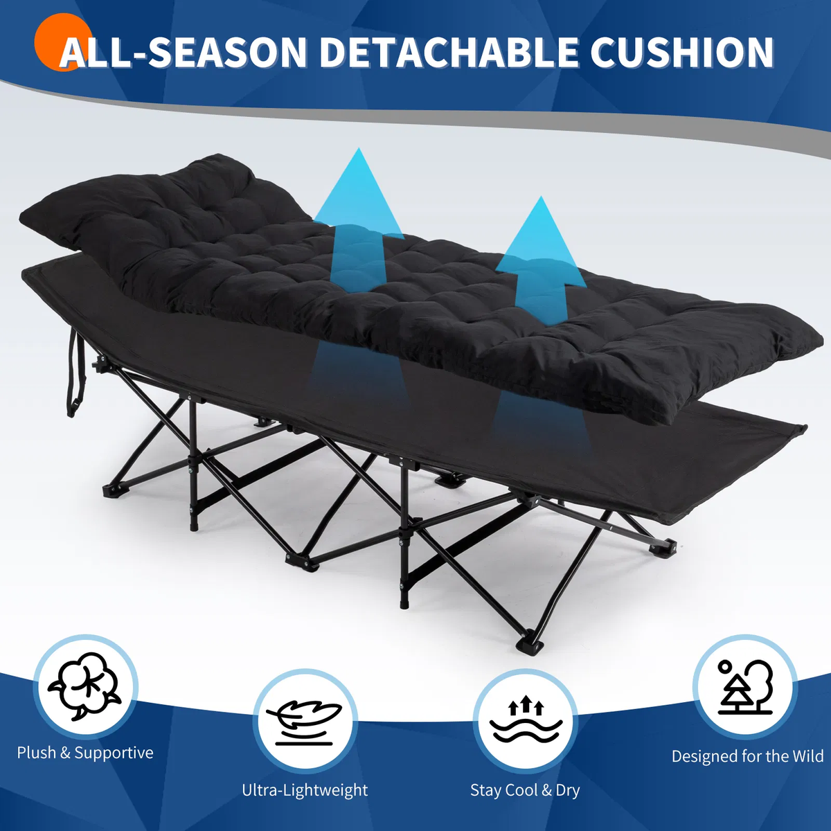 Folding Camping Cot Bed With Soft Pad, Portable Outdoor Cot, Adults Sleeping Bed For Home Office Nap Beach Travel, Black - view 4