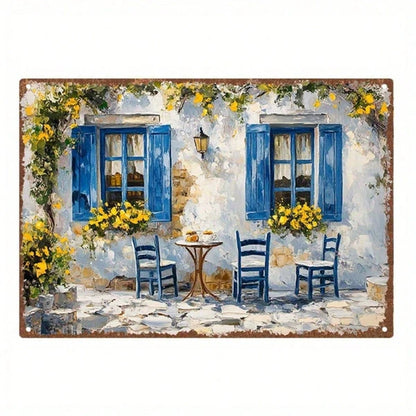 Vintage Greek Caf | Blue Door Floral Metal Tin Sign Heavy-Duty Waterproof Rustproof Iron Poster 11.81x7.87Inch Retro - view 5